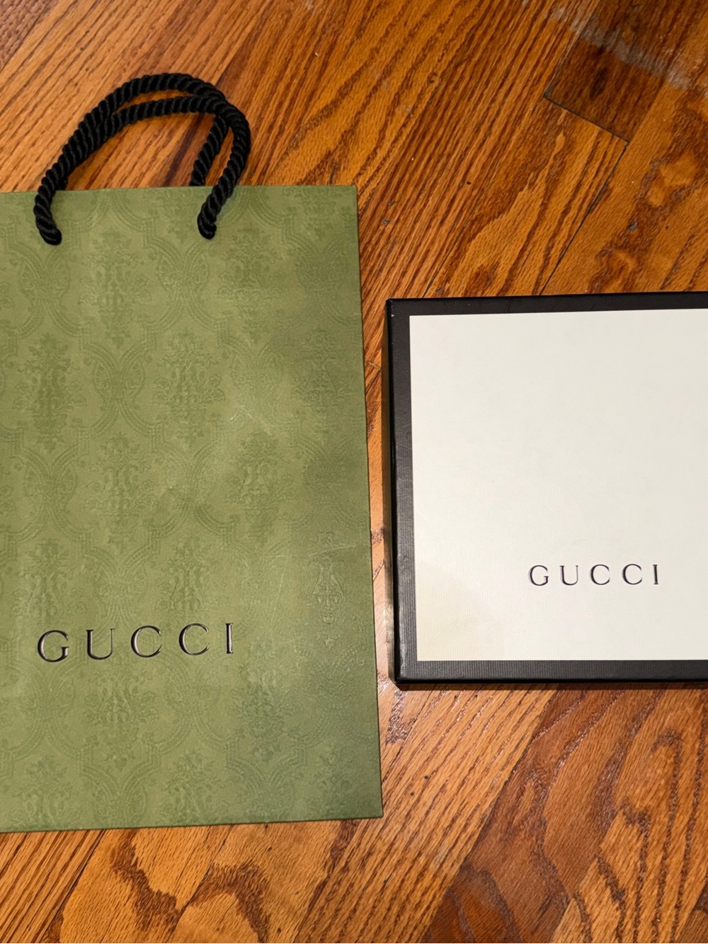 Gucci Signature Gift Box, and Olive Green Embossed Paper Tote Bundle, EMPTY